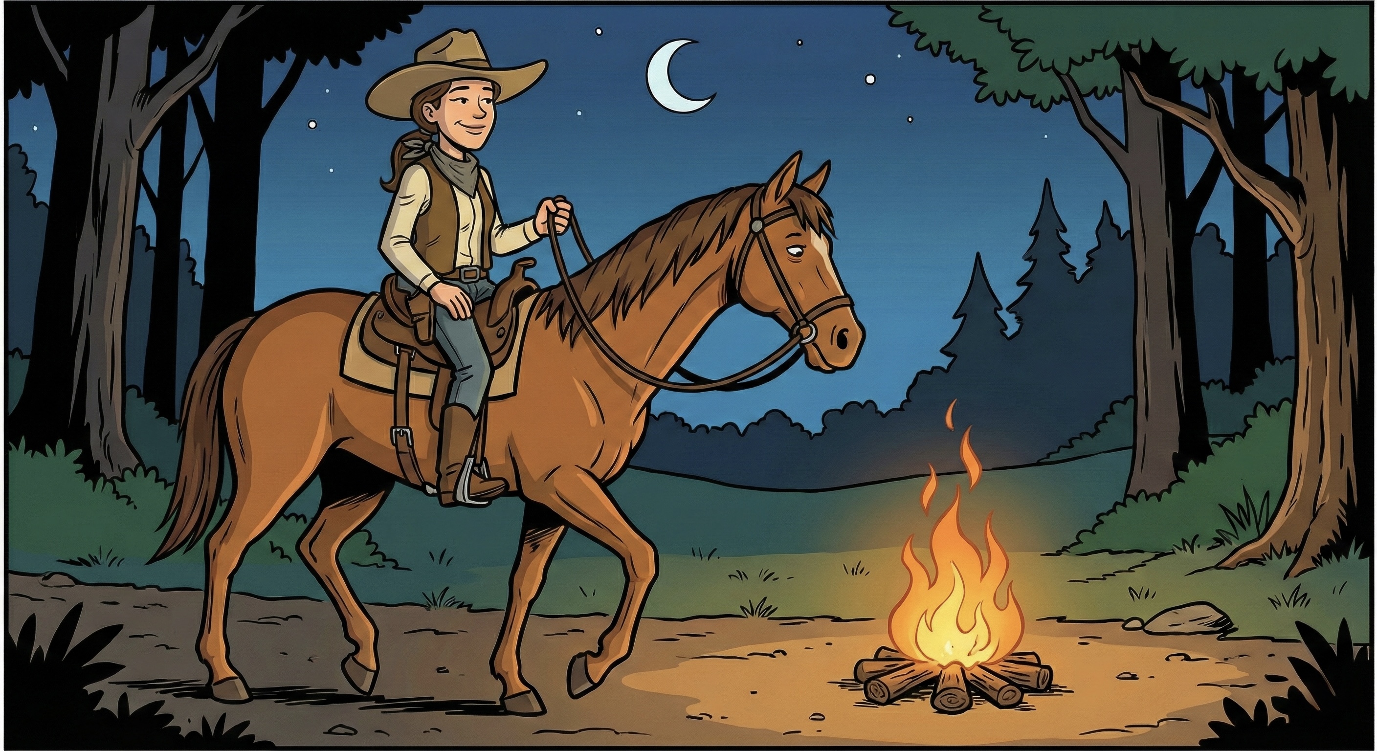 Horse and rider by campfire at night