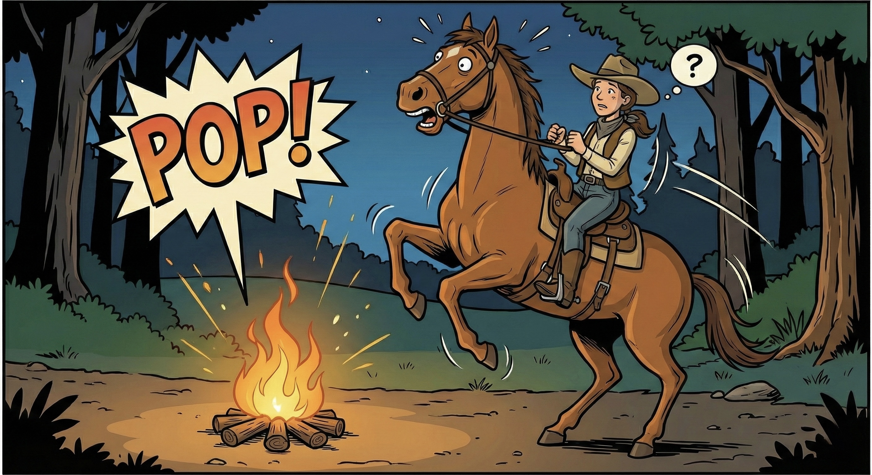 Horse spooked by fire popping