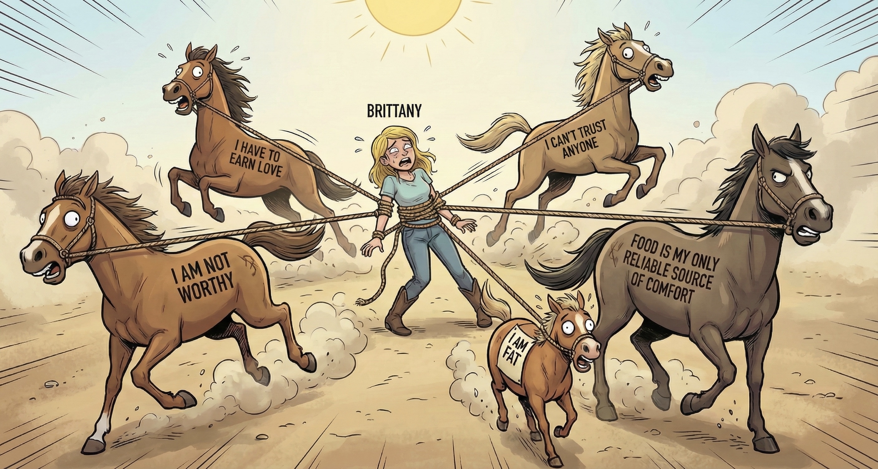 Woman being pulled by 5 horses with different limiting beliefs