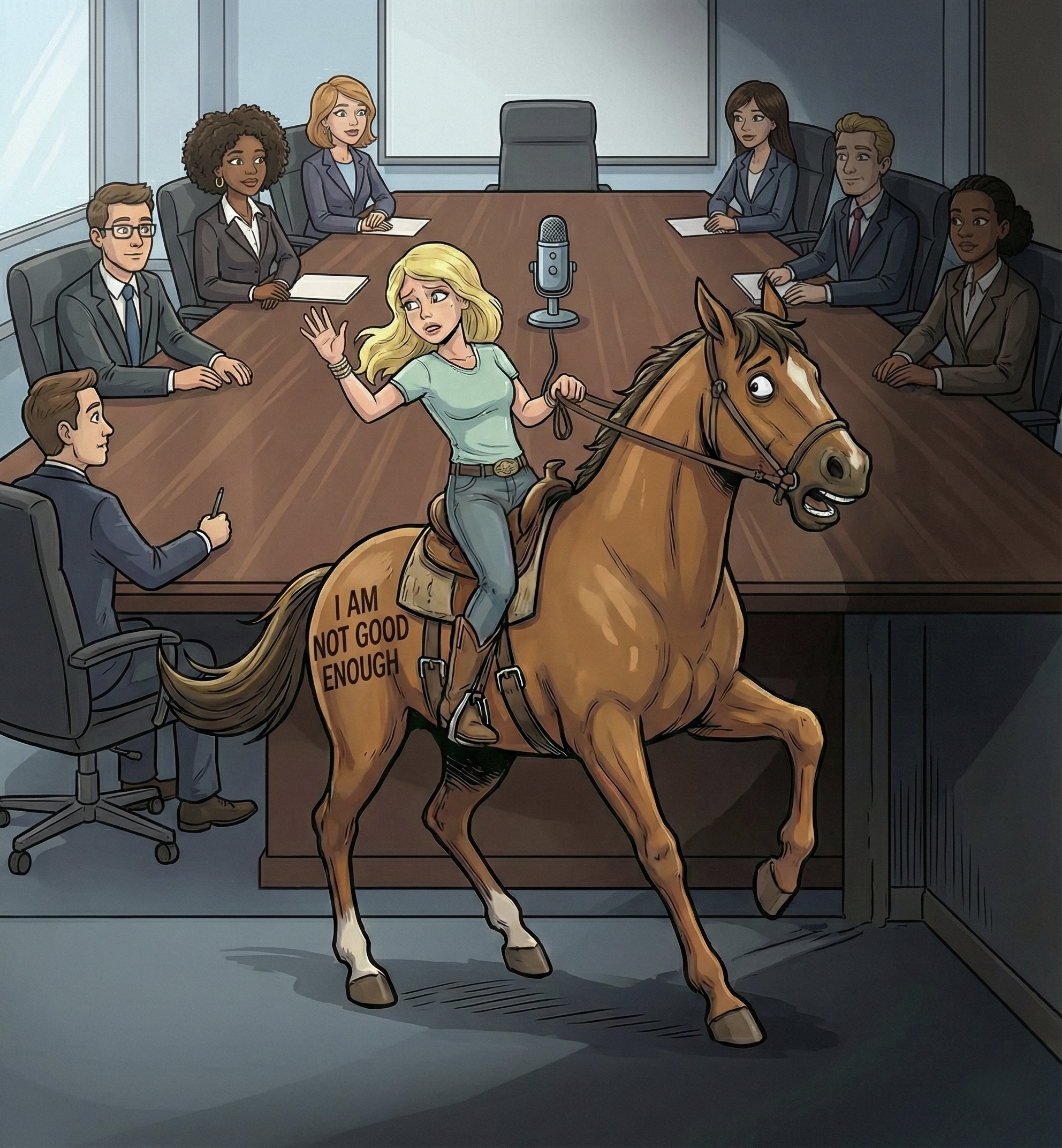 Horse branded I AM NOT GOOD ENOUGH pulling woman away from speaking up in boardroom
