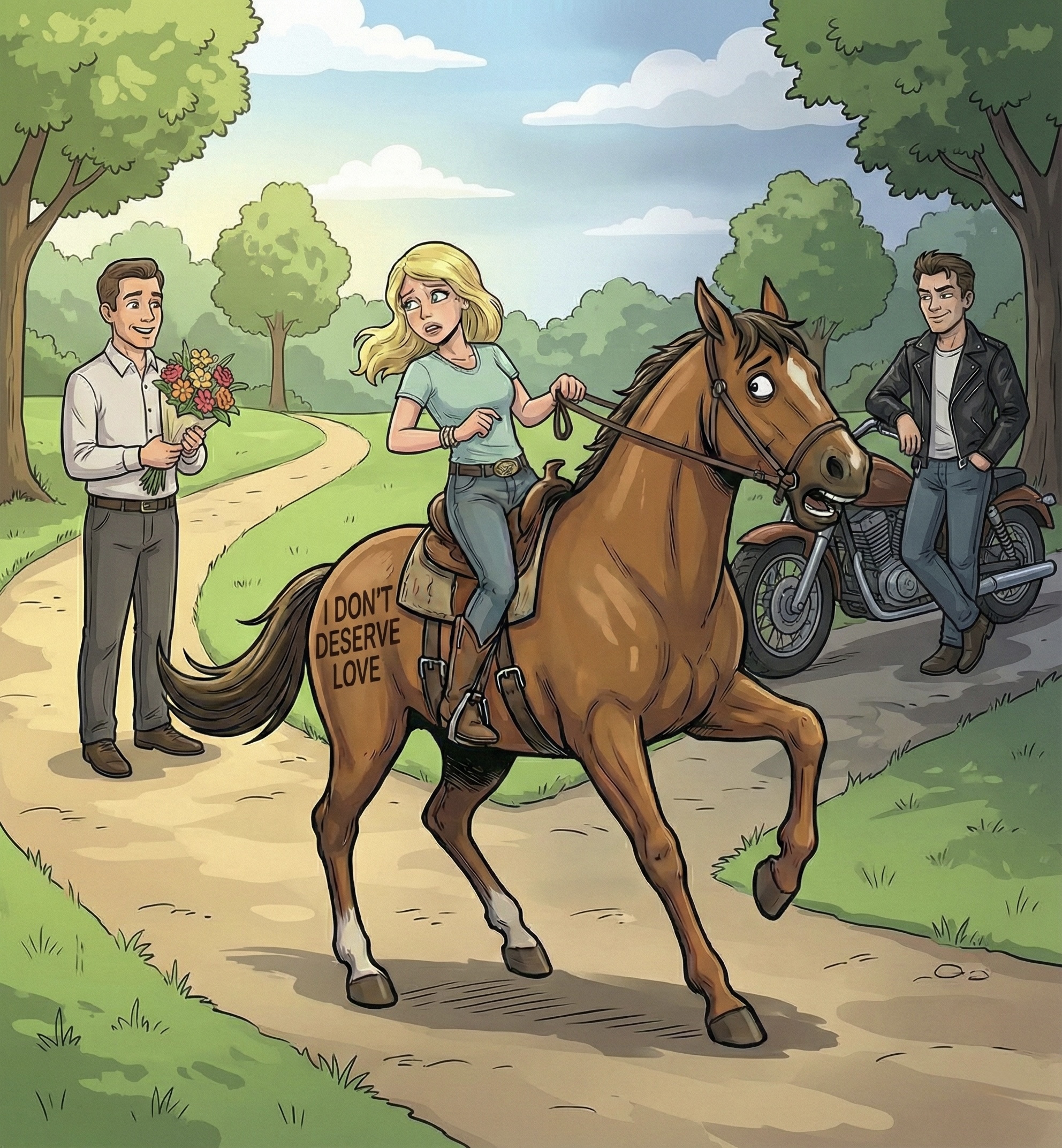 Horse branded I DON'T DESERVE LOVE pulling woman toward unavailable partner