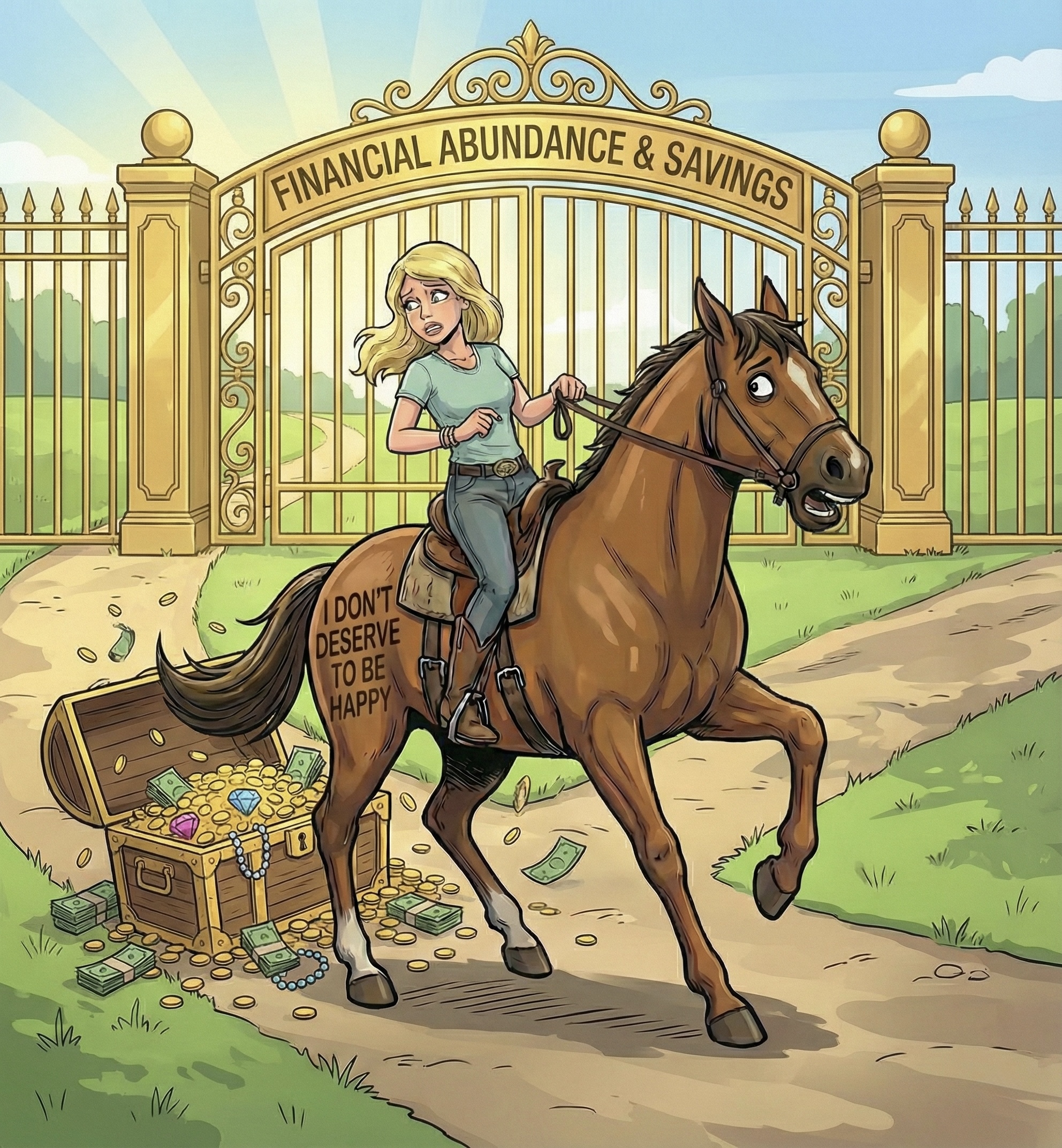 Horse branded I DON'T DESERVE TO BE HAPPY kicking over treasure chest