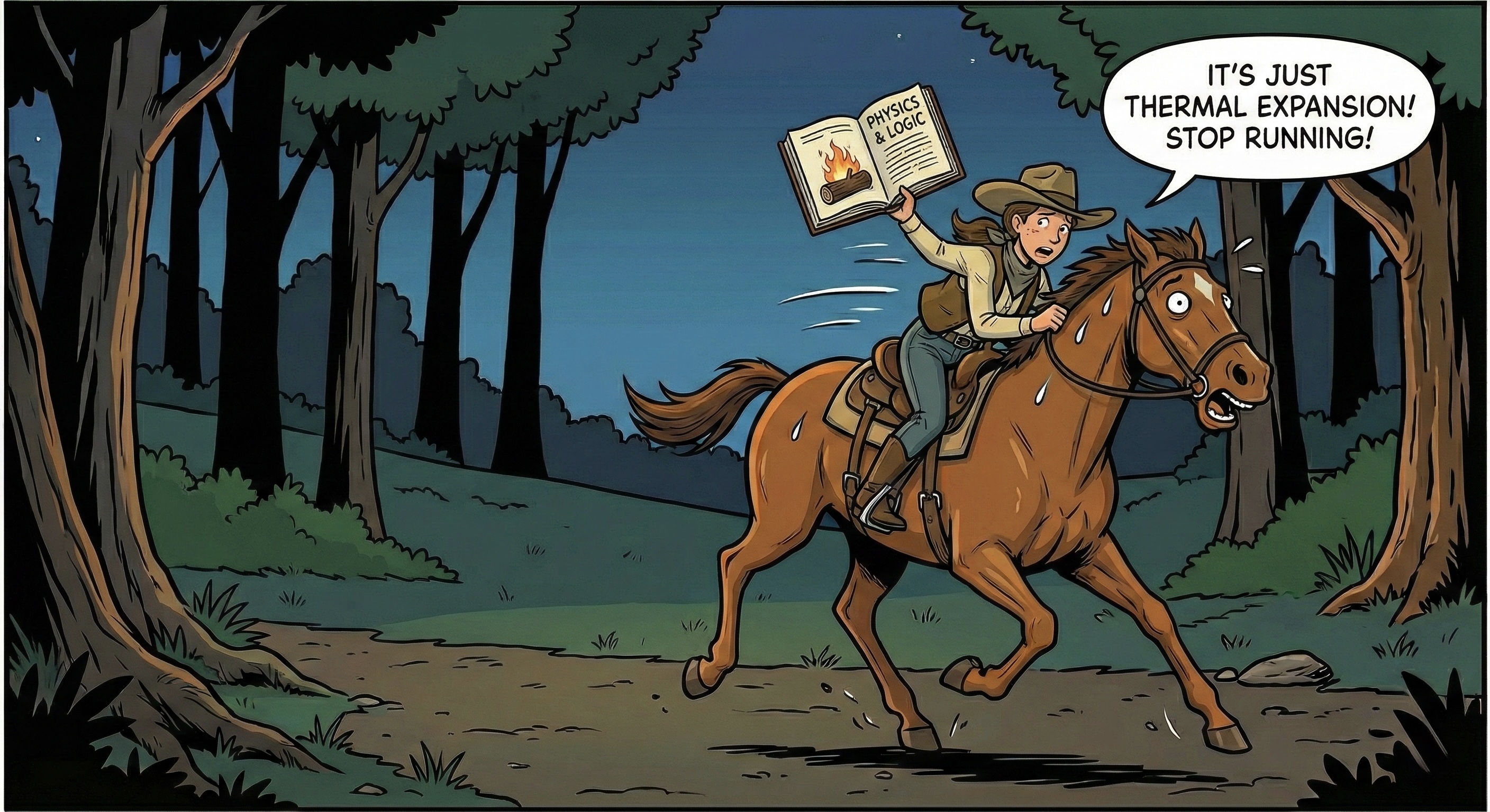 Rider trying to explain physics to running horse